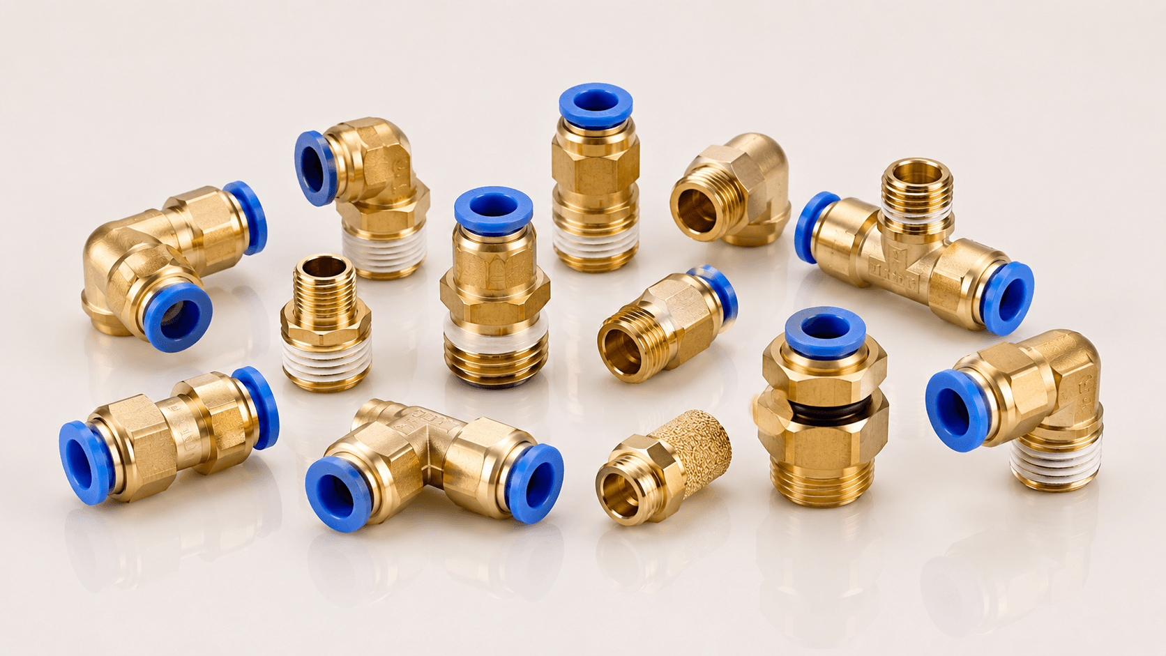 Brass pneumatic fitting for compressed air systems, manufactured by Pragati Products