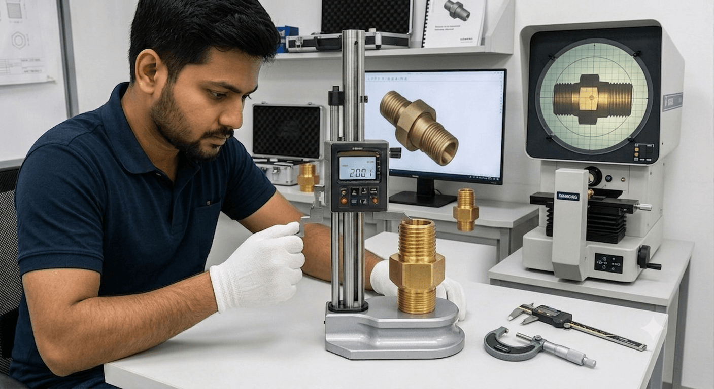 Quality engineer inspecting a brass fitting with a digital height gauge and optical comparator at Pragati Products