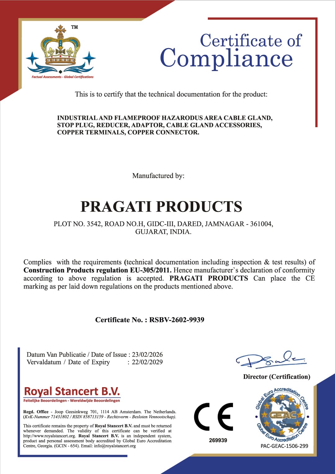 CE Compliance certificate for Pragati Products for the European market