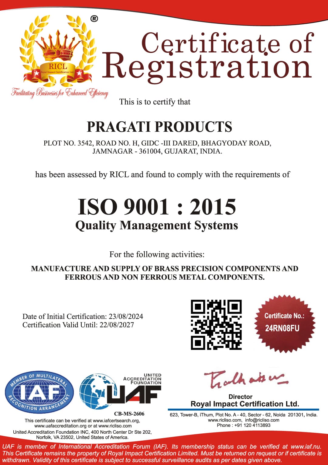 ISO 9001:2015 Quality Management System certificate for Pragati Products
