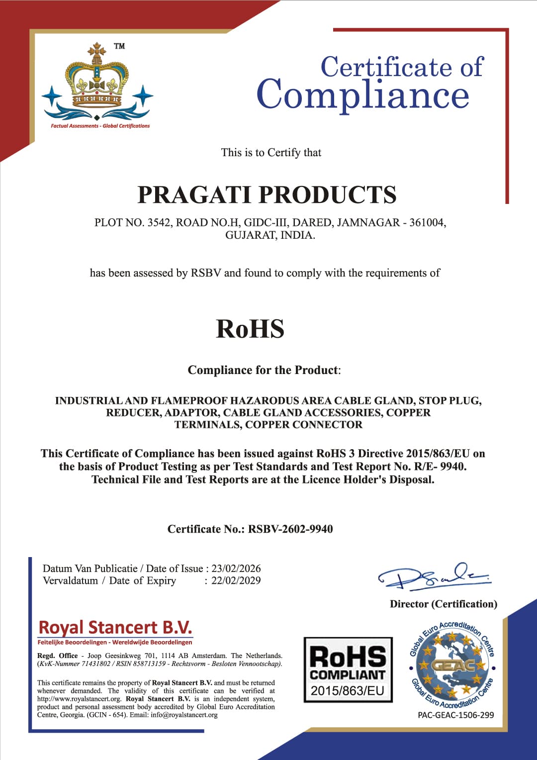 RoHS Compliance certificate for Pragati Products brass components