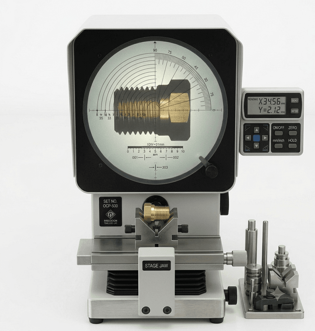 Optical comparator used to inspect brass fitting thread profiles at Pragati Products
